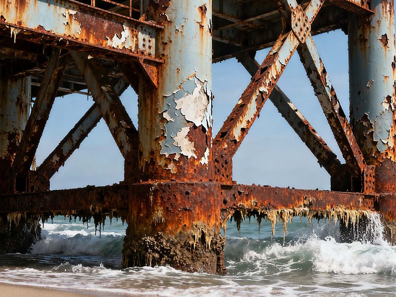 Сильная коррозия морской стальной конструкции и отслаивание защитного покрытия